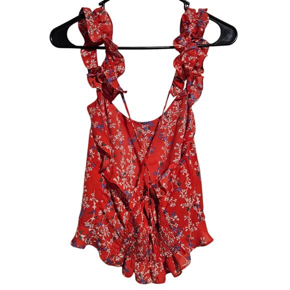 Anthropologie Moon River Red Floral Top Womens Size Medium Ruffle Sleeveless - Picture 2 of 7